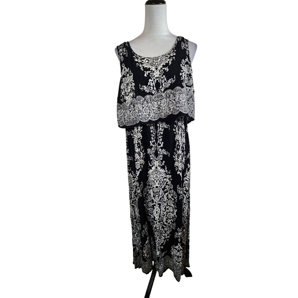Bila Womens XL Popover Maxi DressBlack White Damask‎ Print Sleeveless Boho Retro
